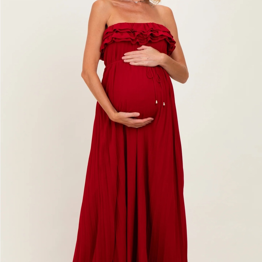 Pinkblush Strapless Ruffled Maternity Maxi Dress in Red